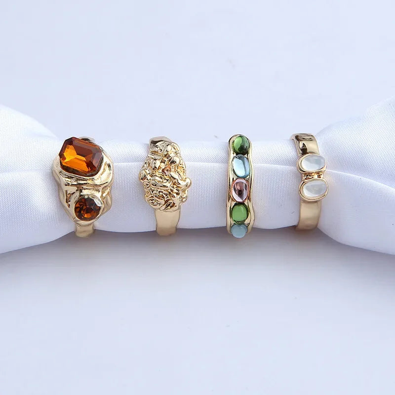 2024 New Tide Individuality Retro Geometric Hollowing Inlay Gem Rings Setliquid State Metal Four-Piece Rings Set Paty Jewelry