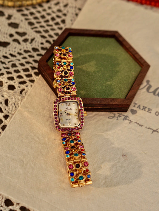 1 Piece French Fashionable and Elegant Women'S Colorfulful Rhinestone Gemstone Inlaid Watch Strap 30M Waterproof Square Quartz Watch Mother-Of-Pearl Dial, Suitable for Daily Wear Casual Party Wrist Decoration