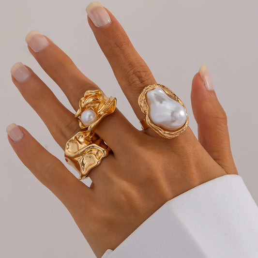 3Pcs/Set Gold Color Irregular Pearl Open Rings Set for Women Exaggerated Vintage Metal Folds Thick Chunky Ring Jewelry Gifts