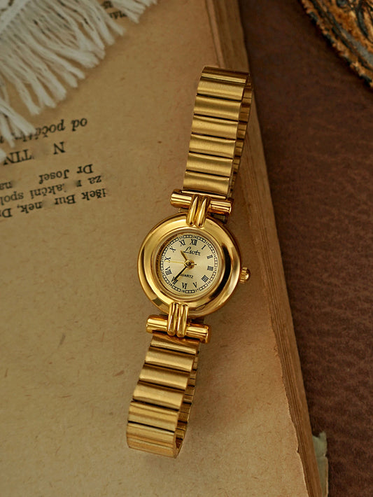 1 Piece of French Retro Gold Small Dial Women'S Watch, Fashionable, Elegant, Exquisite, Compact Waterproof Quartz Watch, Suitable for Daily Wear, Dinner and Other Occasions, Decorative Wrist Roman Scale Dial Women'S Watch